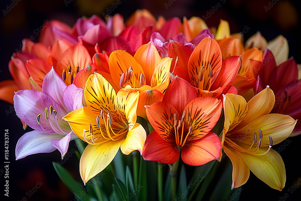 Fototapeta premium Bouquet of colorful lilies on black background, close up