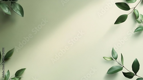 Green leaves arranged on a pale green background