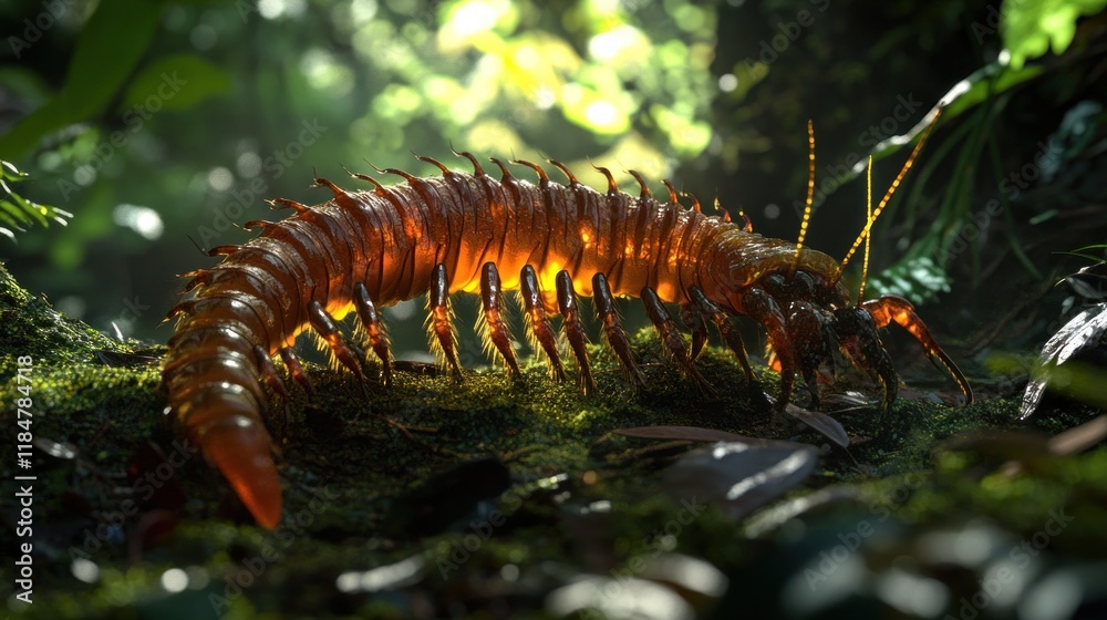 Fototapeta premium Giant Centipede Crawling Through Jungle Undergrowth