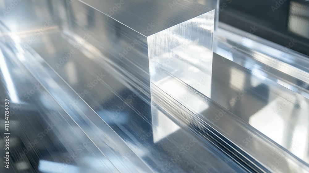 Obraz premium Translucent rectangular shapes, reflective surfaces, industrial setting.