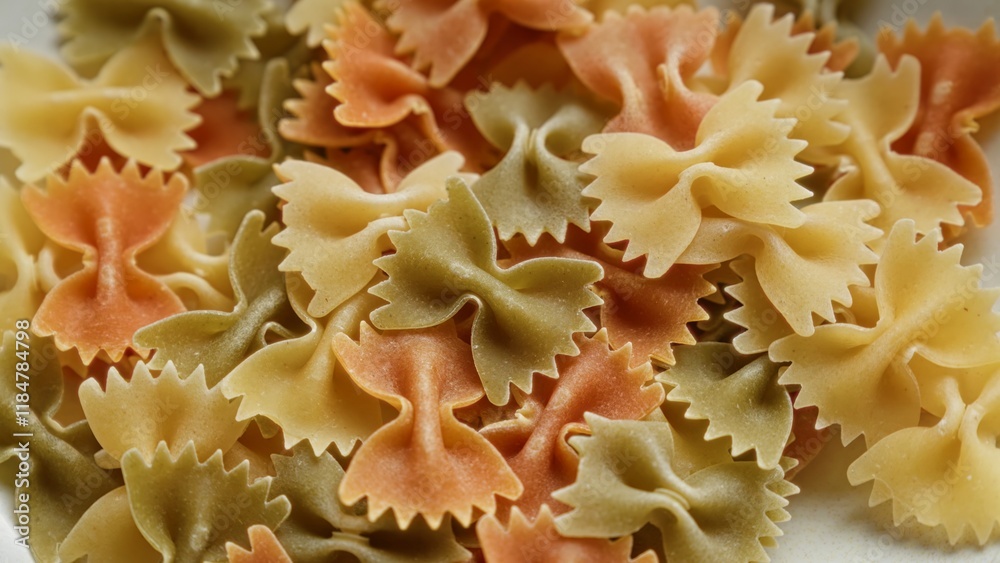 Close-up of colorful bowtie pasta in a textured pattern Close-up of colorful bowtie pasta in a textured pattern