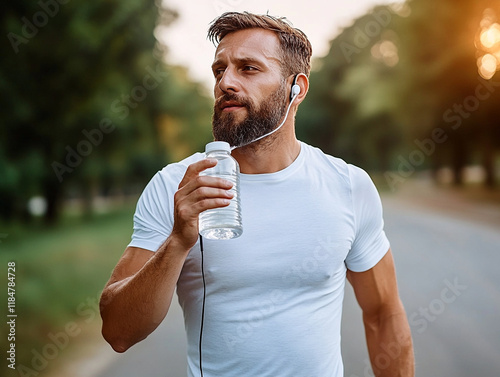 Man jogging in park while enjoying refreshing hydration photo