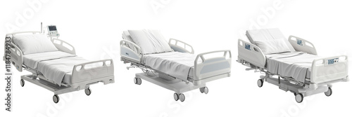 Set of A close-up shot of a hospital bed with visible electronic controls, set against a pure on transparent png background