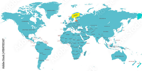 World Map Highlighting Country of Latvia With Geographic Details