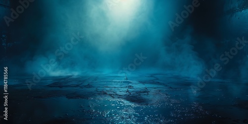 Dark street, wet asphalt, reflections of rays in the water. Abstract dark blue background, smoke, smog. Empty dark scene, neon light, spotlights. Concrete floor