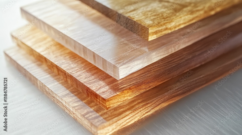 Fototapeta premium Stacked translucent wood-like slabs, warm tones.