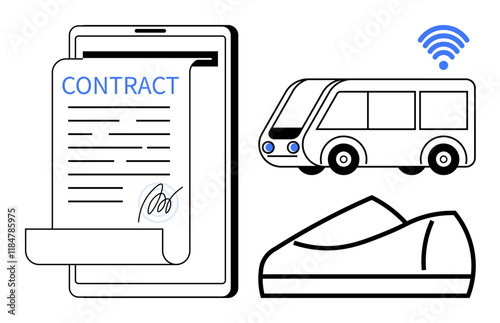 Digital contract displayed on a tablet with a stylus signature, autonomous vehicle and a train icon with wireless symbol. Ideal for IoT, transportation, technology, digital transformation, business