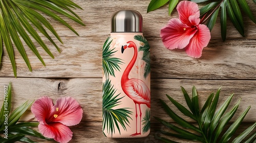 Pink flamingo water bottle surrounded by tropical leaves and hibiscus flowers on a wooden surface. photo