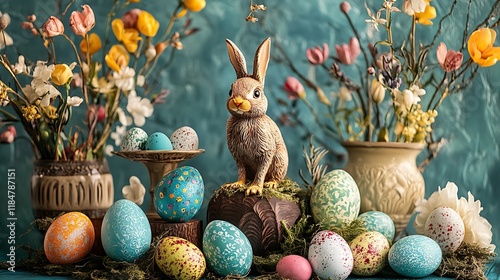 Whimsical Easter festival with vibrant eggs and enchanted decor photo