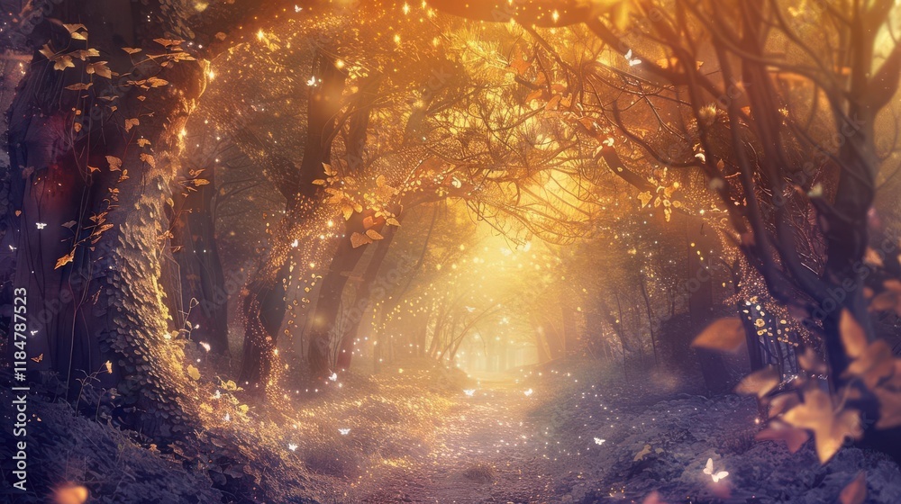 Naklejka premium A serene forest path illuminated by soft light and fluttering butterflies.