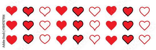 Hearts isolated on white. Hearts in linear and flat. Love icon. Valentines day signs or symbols. Vector illustration.