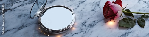 reflective compact mirror and single rose placed on marble surface with glowing accents photo