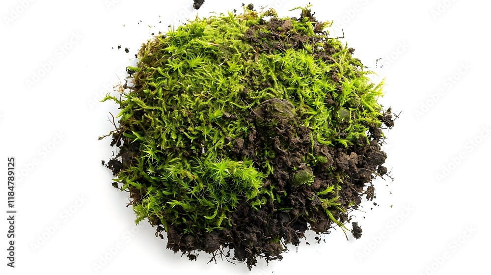 Green moss in soil isolated on white background Green moss in soil isolated on white background