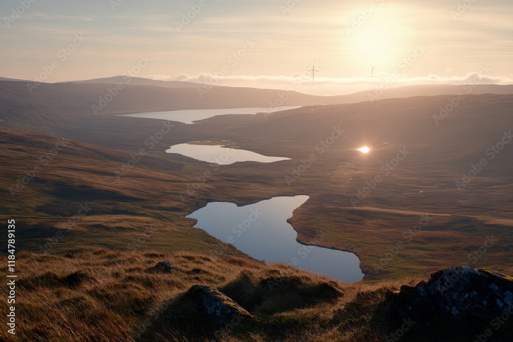 Fototapeta premium Wind turbines spin gracefully in a vast field under clear blue skies, promoting clean energy in a serene landscape with mountains and reflective waters
