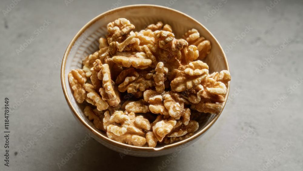 Closeup of a bowl filled with fresh walnuts on a grey surface. Closeup of a bowl filled with fresh walnuts on a grey surface.