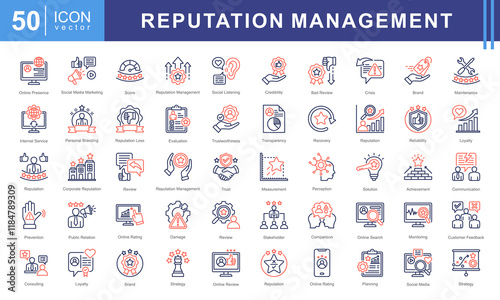 Reputation Management icon collection set. Containing reputation, brand, trust, perception, online presence, public image, credibility icon. Simple vectors illustration.