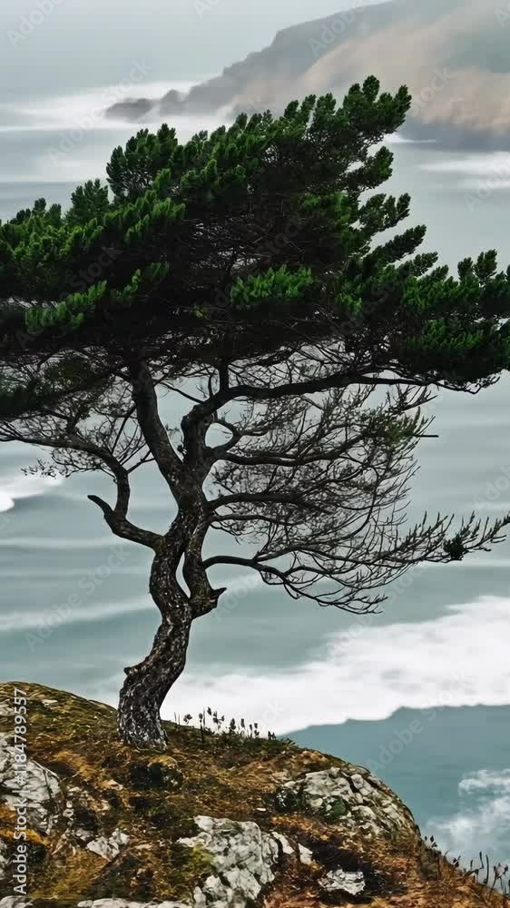 Windswept tree stands resilient on coastal cliffs overlooking the turbulent ocean Windswept tree stands resilient on coastal cliffs overlooking the turbulent ocean