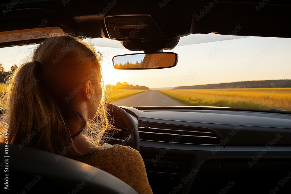 Fototapeta premium Driving into the sunset on a peaceful road surrounded by fields