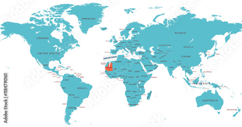 World Map Highlighting Country of Mauritania With Geographic Details
