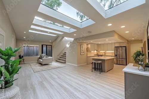 open living space with skylights flooding room with natural light highlighting neutral tones and textures