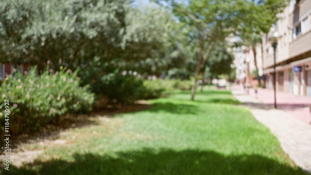 Blurred image of an outdoor park with trees, grass, and buildings in the background on a sunny day. Blurred image of an outdoor park with trees, grass, and buildings in the background on a sunny day.