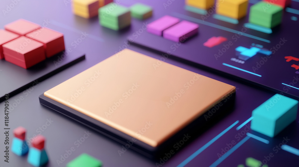 A close-up view of a golden chip surrounded by colorful geometric shapes on a dark surface, reflecting a modern technological design. A close-up view of a golden chip surrounded by colorful geometric shapes on a dark surface, reflecting a modern technological design.