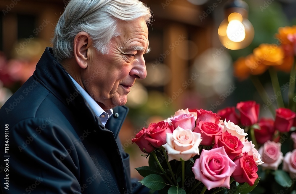 An elderly man chooses a bouquet of flowers in a flower shop An elderly man chooses a bouquet of flowers in a flower shop