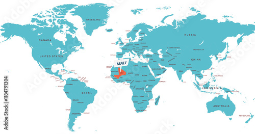 World Map Highlighting Country of mali With Geographic Details