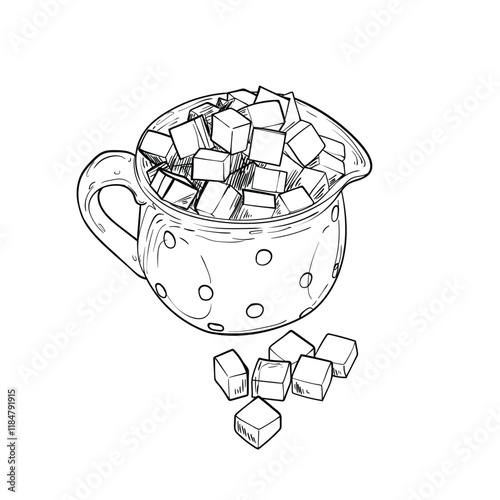 Line art sugar cubes in a pot. Vector sweet ingredient in cubes as graphic asset. Hand drawn illustration of sweet ingredient. Outline only, isolated on white background.