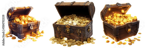Set of A close-up shot of a wooden box filled with shiny gold coins on transparent png background