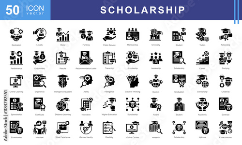 Scholarship icon collection set. Containing financial aid, tuition assistance, grant, fellowship, award, bursary, stipend icon. Simple vectors illustration.