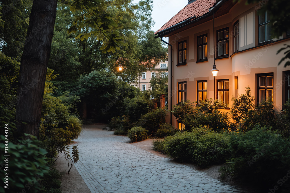 Obraz premium Evening stroll along a charming pathway by a lit residential building with greenery