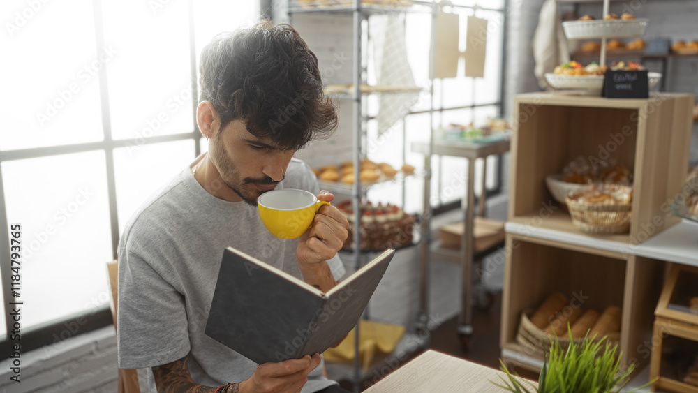 Young, hispanic, man with a beard sitting indoors at a bakery shop, drinking coffee and reading a book, surrounded by baked goods and pastries on shelves. Young, hispanic, man with a beard sitting indoors at a bakery shop, drinking coffee and reading a book, surrounded by baked goods and pastries on shelves.