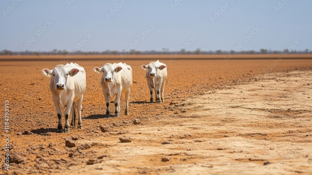 Three White Cows in a Dry, Cracked Landscape