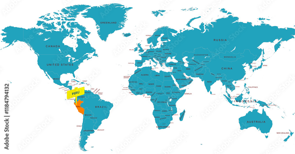 Obraz premium World Map Highlighting Country of Peru With Geographic Details