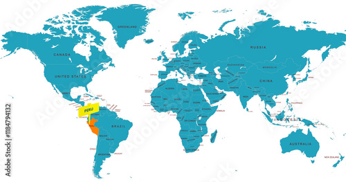 World Map Highlighting Country of Peru With Geographic Details