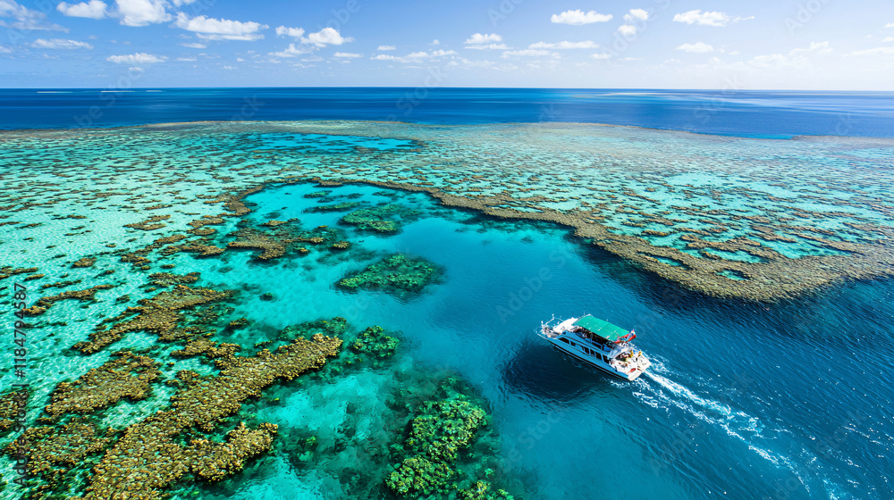 Fototapeta premium top-down perspective of yacht navigating coral reefs in clear ocean