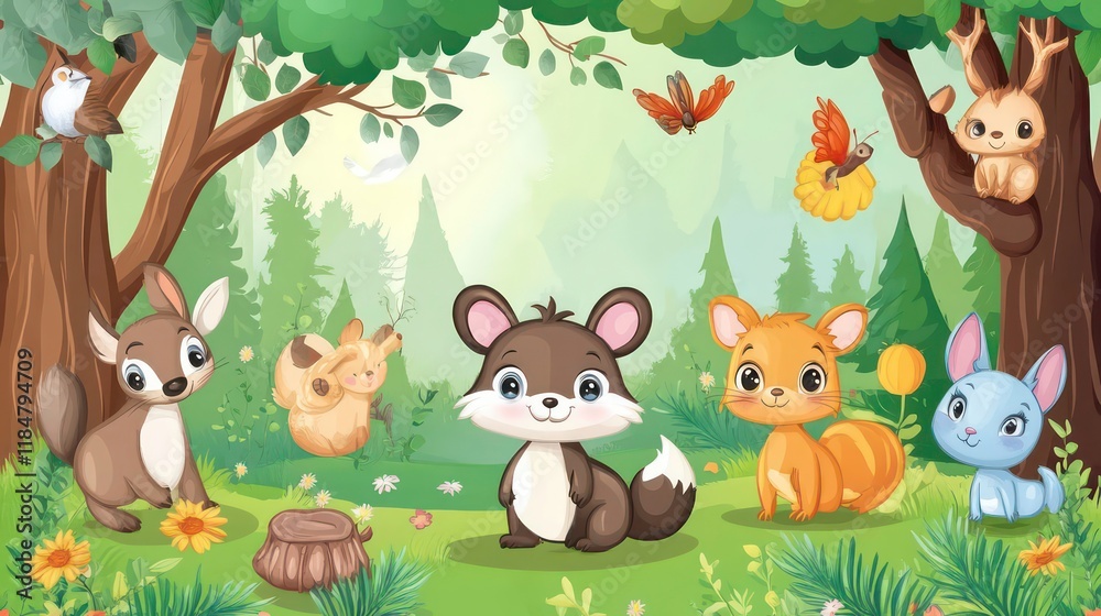 Obraz premium Adorable cartoon animals in a lush forest clearing.