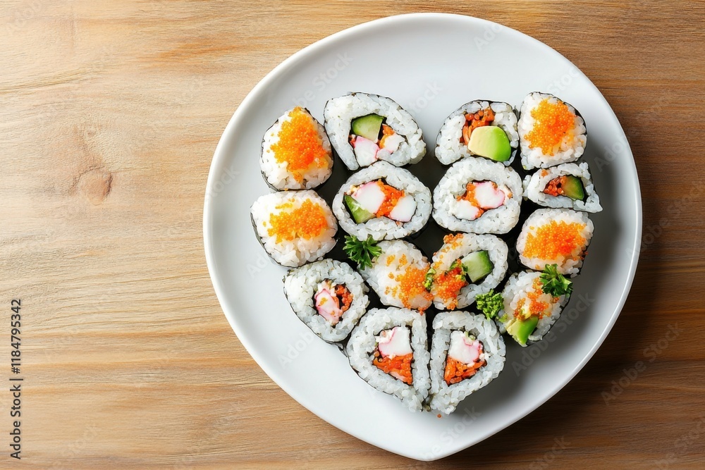 Delicious sushi rolls arranged in a heart shape on a wooden table with empty space around Delicious sushi rolls arranged in a heart shape on a wooden table with empty space around