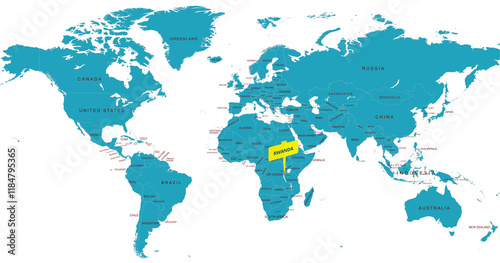 World Map Highlighting Country of Rwanda With Geographic Details