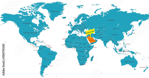 World Map Highlighting Country of Saudi Arabia With Geographic Details