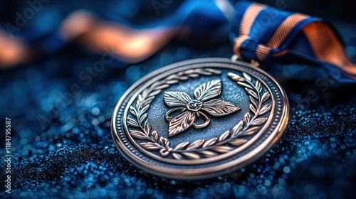 Close-Up of a Medal on Sparkling Surface with Ribbon