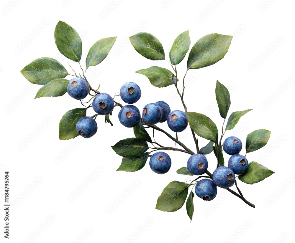 Blueberries with fresh green leaves nature setting high fidelity close-up botanical concept isolated on transparent background png