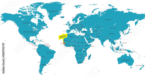 World Map Highlighting Country of Senegal With Geographic Details