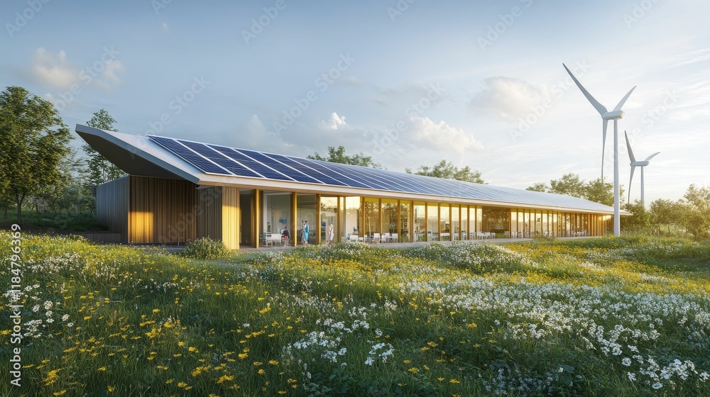 Obraz premium Eco-friendly building, solar panels, wind turbines, wildflowers.