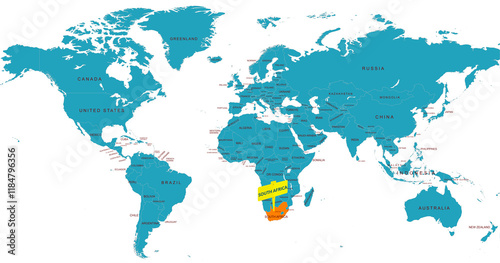 World Map Highlighting Country of South Africa With Geographic Details