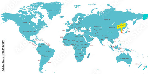World Map Highlighting Country of South Korea  With Geographic Details