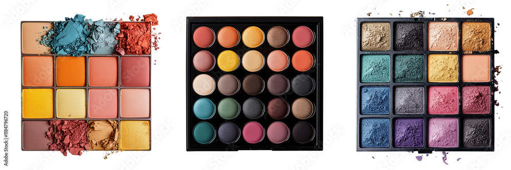 Set of A close-up shot of an open eyeshadow palette displaying vibrant hues like pink on transparent png background Set of A close-up shot of an open eyeshadow palette displaying vibrant hues like pink on transparent png background