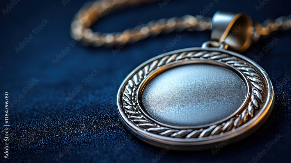 Close-Up of a Silver Pendant on Blue Fabric - Jewelry Display Close-Up of a Silver Pendant on Blue Fabric - Jewelry Display