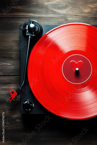 Classic vinyl record with heart shaped label spinning on turntable